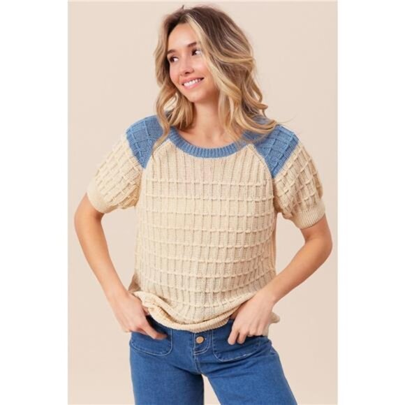 BiBi Textured Contrast Short Sleeve Sweater - Picture 1 of 4